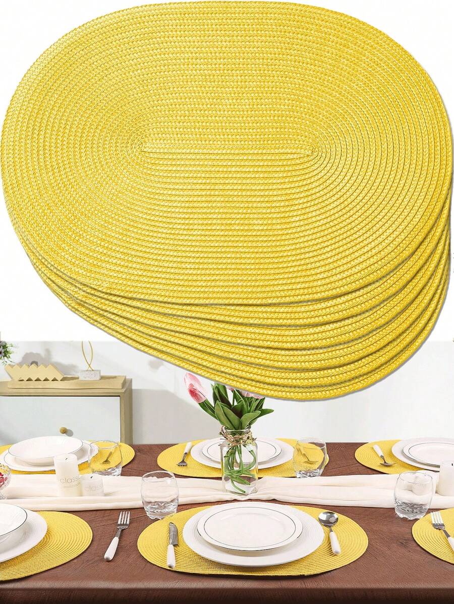 12*18 Inch Oval Woven Placemats, 4.72 Inch Coasters, Multiple Colors Available, Plastic Material, Washable, Heat-Insulating Table Mats, Coasters, Vase Mats, Tabletop Decor, Suitable For Wedding, Holiday Party, Kitchen, Christmas, New Year Party Decoration