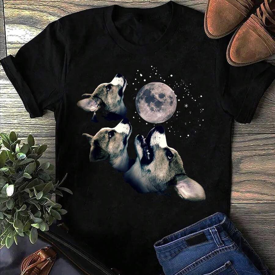 Corgi Moon Wolf Parody T-Shirt: Funny Dog Lover Gift - 黑色 - 查看 1