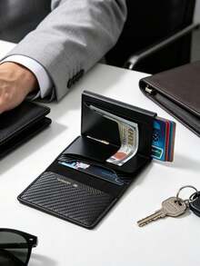 6/1pc Men's Slim RFID Wallet, Auto-Eject Card Holder, Black Aluminum Alloy, Solid Plain, Lightweight, All-Season Casual, For Daily Commute. - Multicolor - View 4