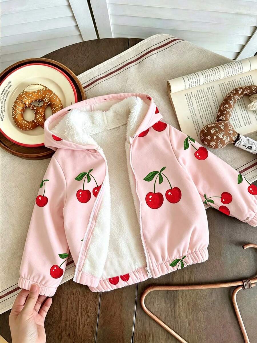 Baby Girl Cherry Print Warm Hooded Jacket - Pink - View 1