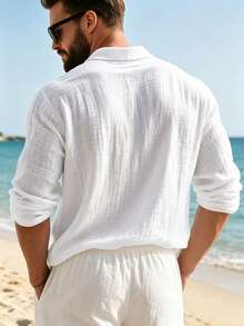 Men's Vacation Style Loose Linen Long Sleeve Polo Shirt, Casual Henley Collar Shirt For Daily Commute, Summer Beach Outfit Top - White - View 2