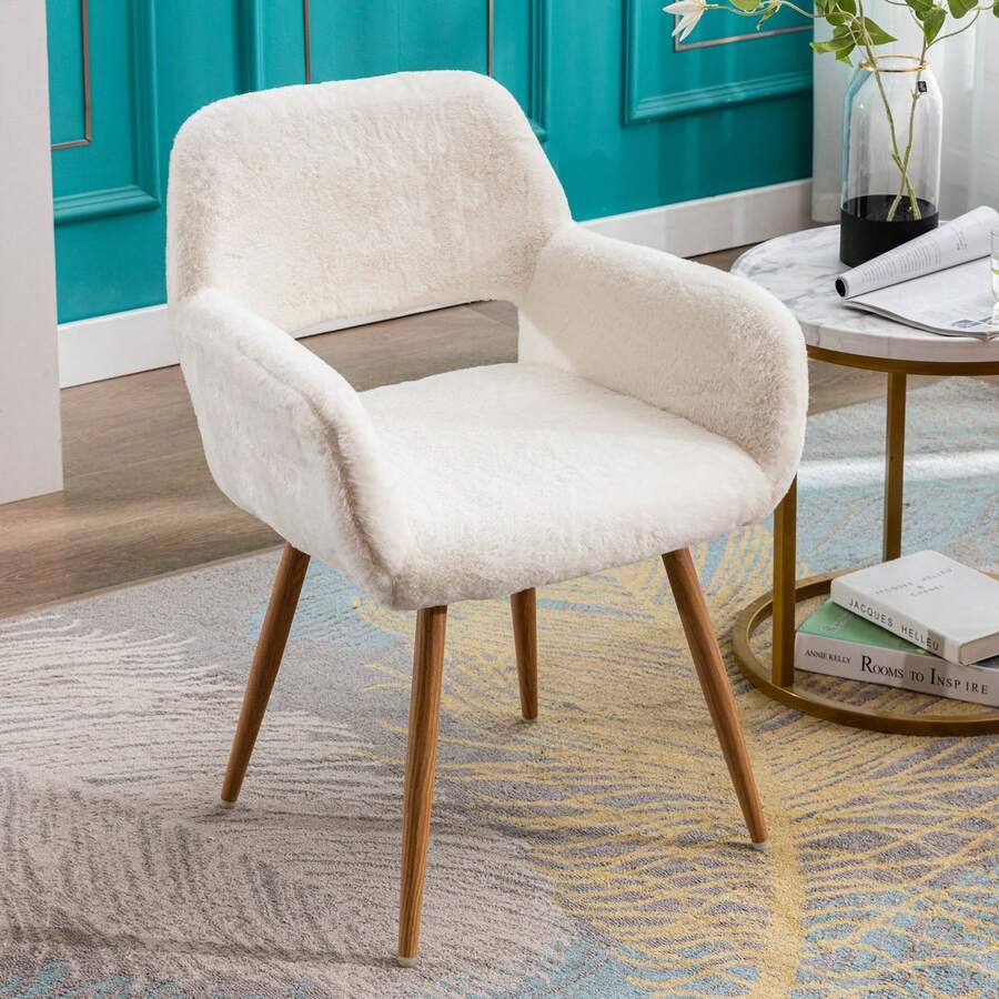 Dining Chairs With Faux Fur, Pink - Mid-Century Style - 白色 - 查看 1