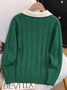 Teen Girls Colorblock Polo Collar Loose Knit Sweater Autumn Collegiate Style Badge Embroidery - Green - View 2