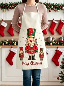 1pc Christmas Print Kitchen Apron, Santa Claus & Nutcracker Pattern Sleeveless Cooking Apron, Red Plaid Hem Waterproof Oil-Proof, Christmas Home Kitchen Decor Gift - Multicolor - View 8