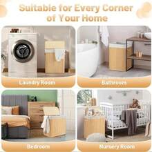 Bamboo Laundry Basket, Large Capacity, Foldable, Movable, With Handle, With Lid, Universal Wheels, Rectangular/Round, Space-Saving Storage For Bedroom, Bathroom, Laundry Room, Home Use - Bamboo Original Color - View 6