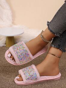 Women's Open Toe Flat Fuzzy Slippers With Colorful Sequin Decor, Hot Girl Style, Warm Casual Home Slippers For Autumn/Winter - Pink - View 1