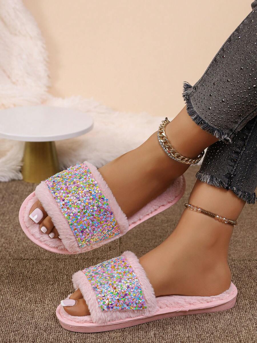 Women's Open Toe Flat Fuzzy Slippers With Colorful Sequin Decor, Hot Girl Style, Warm Casual Home Slippers For Autumn/Winter - Pink - View 1