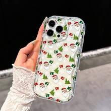 Full Print Santa Claus & Christmas Tree Transparent Shockproof TPU Phone Case Compatible With Iphone 12/13/Pro 14/15/16/17 Pro Max And Galaxy S23/24/25/Ultra, Wavy Edge Design, Fashionable Holiday Gift For Men And Women - Clear - View 3