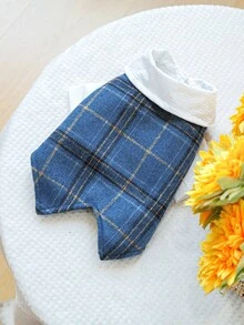 PETCIRCLE 1pc Pet Clothes Dog Cat Apparel Small Dog Cute Pet 2 In 1 Lapel Plaid College Style Little Gentleman Vest - Blue Plaid - Blue - View 4