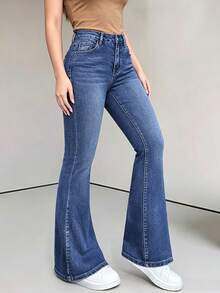 YANGCANREN Celana Jeans Model Flare dengan Kancing dan Kantong Serbaguna, Model Pinggang yang Dikencangkan, untuk Remaja Perempuan - Dusty Blue - View 2