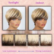 Fashion Layered Short Pixie Cut Human Hair Wig For Women With Bangs, 100% Human Hair, Gradient Brown To Blonde, Fully Machine Woven Elastic Mesh Cap, Ready To Wear For Holiday, Party And Daily Use - S4/27 - View 8