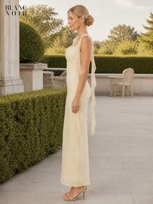Cream| Women's Elegant Cream Sequin Mesh Ruffle Trim Bodycon Maxi Dress - 奶油色 - 查看 3