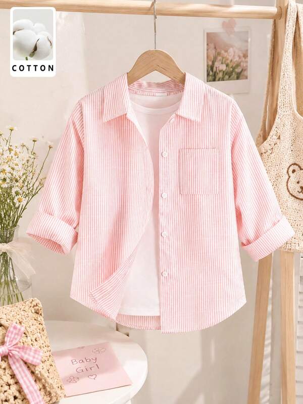 Kemeja Katun Panjang Bergaris untuk Anak Perempuan, Musim Semi/Panas, Gaya Korea, Liburan, Musim Panas, Perjalanan