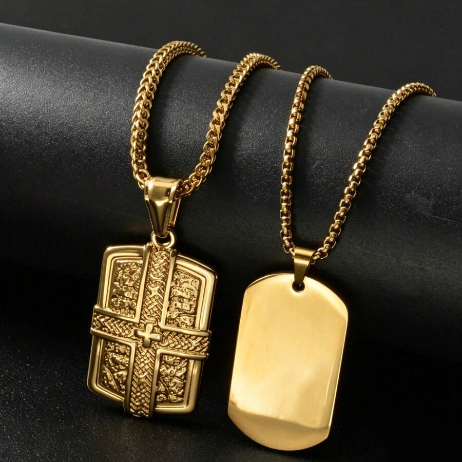 Hip Hop Street Stainless Steel 18K Gold-Plated Embossed Cross Scripture Military Badge, Suitable Daily Wear Men Women ,Accessories Couples Brothers - Gold - View 1