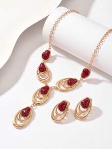 2pcs/Set French Luxury Burgundy Asymmetric Faux Pearl Women's Jewelry Set, Vintage Bohemian Exaggerated Metal Style, Water Drop Oval Double Ring Layered Design Y-Shaped Necklace And Earrings, Evening Dress Accessories, Celebration Holiday Christmas Gift Lightweight Luxury - Red - View 4