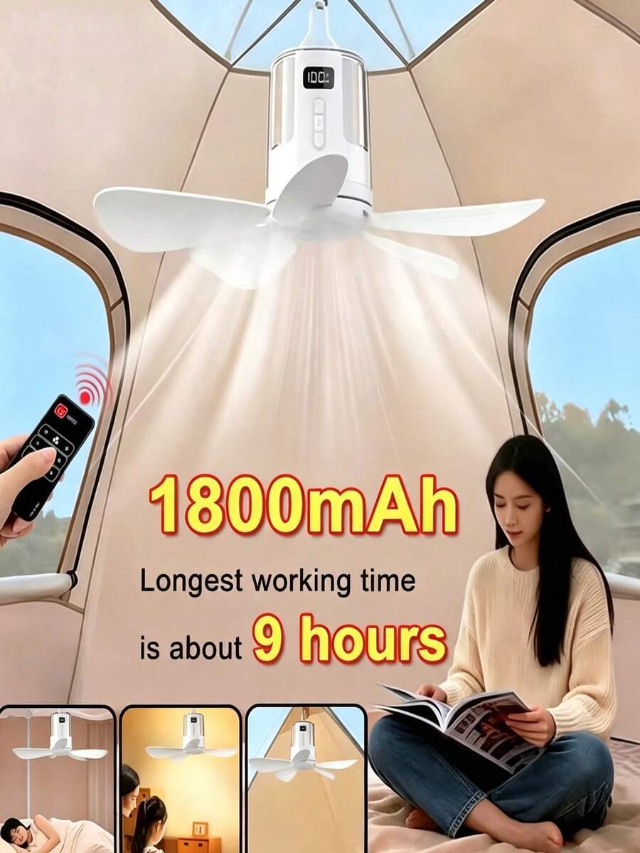 1件式可攜式吊掛式帳篷風扇附夜燈,電池供電天花板風扇,靜音5葉迷你露營風扇,遙控操作,適用戶外露營、RV、臥室 - 1個 - 查看 1