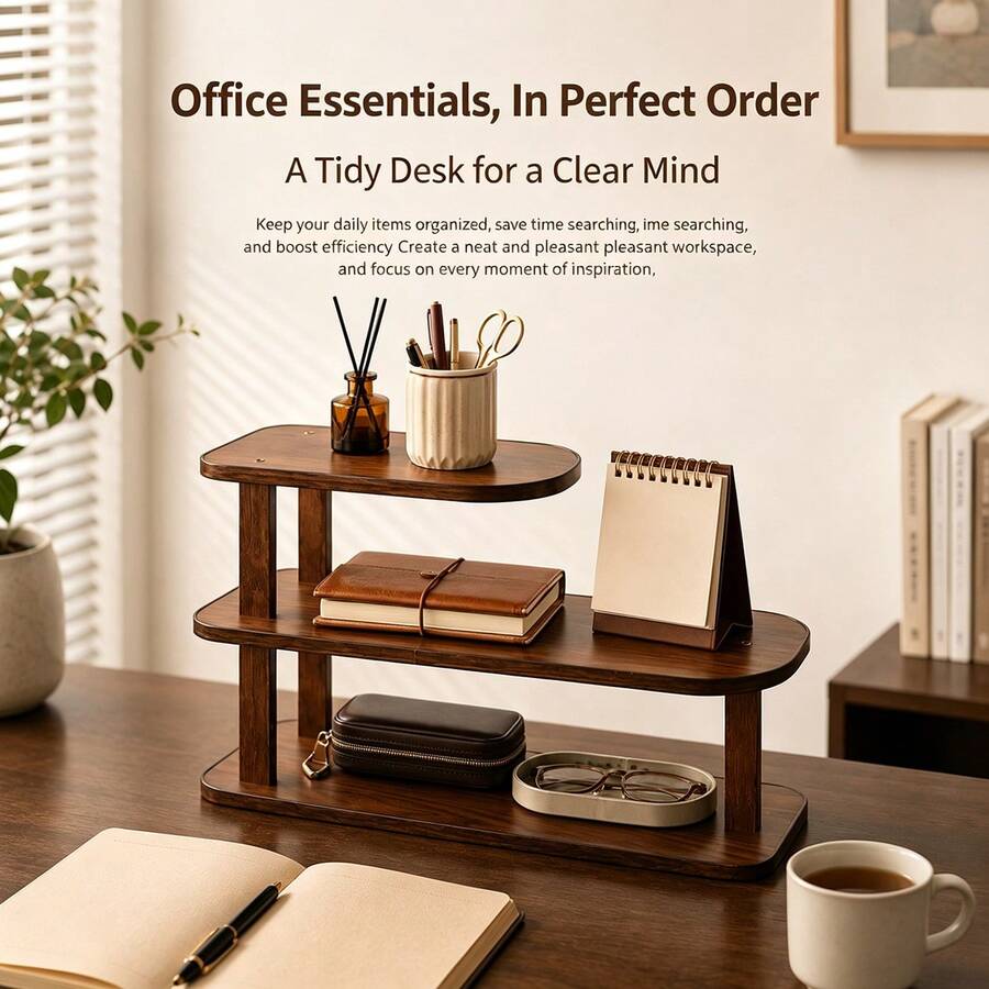 1pc Walnut Wood Desktop Organizer, Vintage 3-Tier Display Rack, Multi-Layer Storage, Kitchen Spice Rack, Painted Finish, Vintage Texture, Suitable For Displaying And Storing Cups, Mugs, Spice Bottles, Cosmetics, Perfumes And Decorative Items - Walnut - View 1