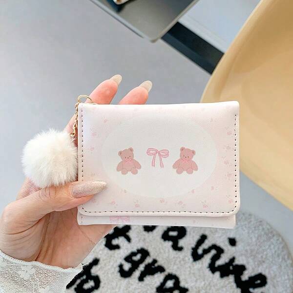 Sweet Bear Bow Trifold Mini WalletPortable Card Purse With Fluffy Pom-PomOrnament