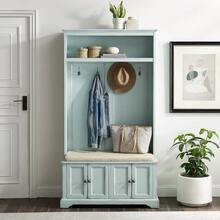 Distressed Seafoam Blue Hall Tree With Shoe Storage Bench & Coat Hooks, Entryway Storage Furniture With Padded Seat, Open Shelf & Storage Cabinets For Foyer & Mudroom - Distressed Seafoam Blue - View 7