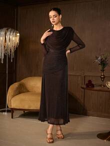 Women's Solid Color Pleated Elegant Waist-Cinching Party Dress - Coffee Brown - View 5