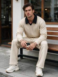 Men's Spring/Autumn POLO Collar Sweatshirt Top & Long Pants Casual Fashion Set, Suitable For Daily Commute And Vacation - Khaki - View 4