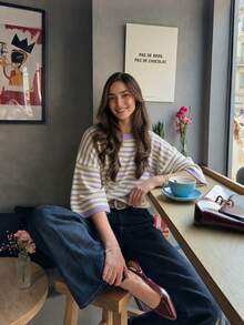 MORI 女款秋冬 Y2K 優雅可愛紫色與黃色條紋寬鬆短袖針織套頭毛衣，休閒穿搭上衣 - 黃色拼紫色 - 查看 6