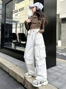 New Style Girls' Utility Pants, Casual Solid Color Trousers For Older Tween Girl - Beige - View 4