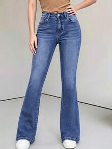 YANGCANREN Celana Jeans Model Flare dengan Kancing dan Kantong Serbaguna, Model Pinggang yang Dikencangkan, untuk Remaja Perempuan - Dusty Blue - View 4