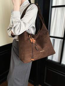 Slender Metal Plaque Hardware Detail Large Capacity Compartment Storage Carry-On Items Zipper Closure Relaxed Vintage Style Shoulder Bag Women Shopping Commuting Outing Large Bag Integrated Wide Strap Minimalist Commuting Large Bag - Coffee - View 6