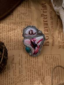 1/3 Pc Vintage Western Cowboy Printed Statement Ring, Retro Inlaid Oversized Cocktail Ring, Boho Cowgirl Fashion Jewelry For Women Party Daily Wear - Multicolor - View 3