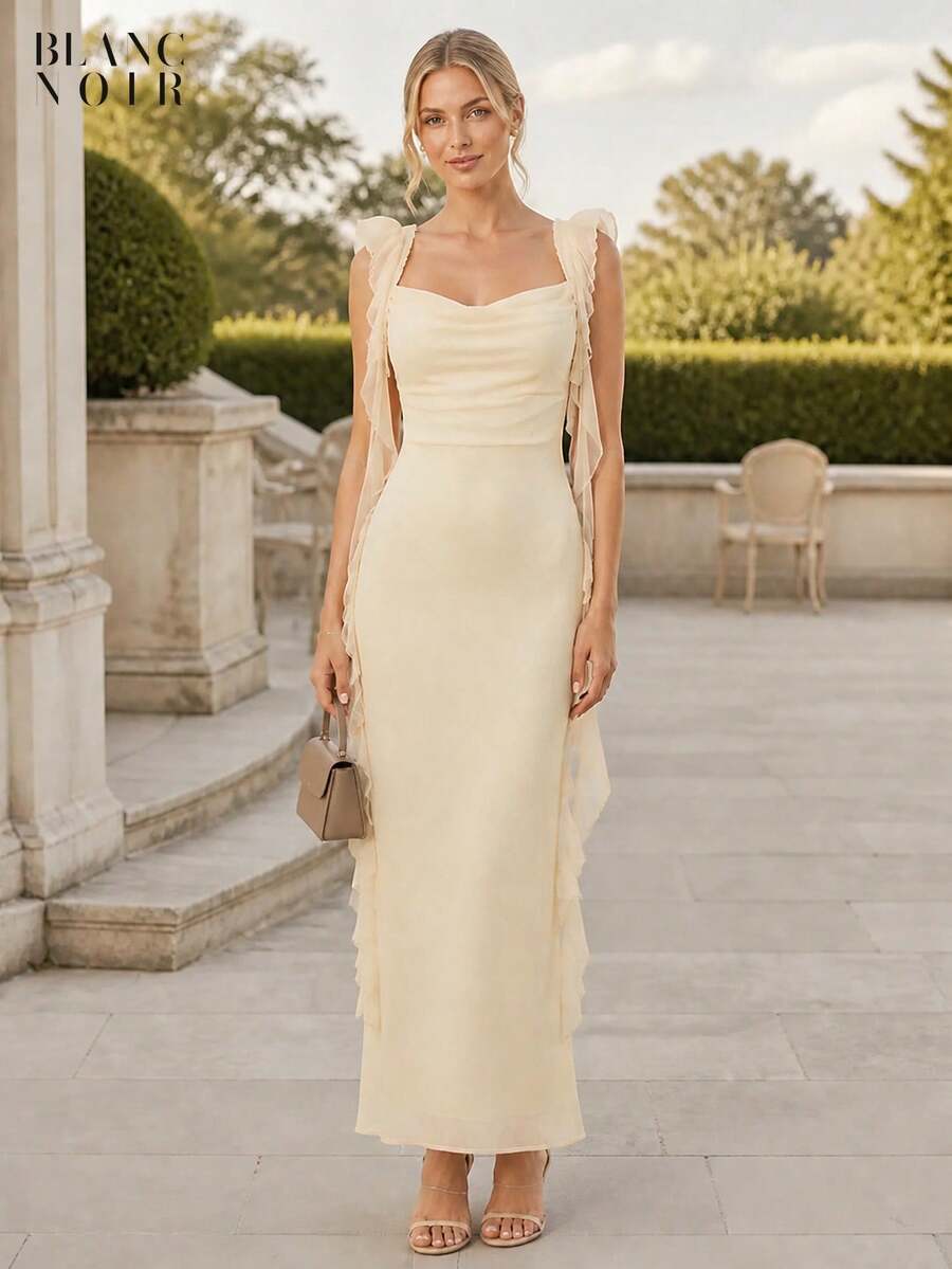 Cream| Women's Elegant Cream Sequin Mesh Ruffle Trim Bodycon Maxi Dress - 奶油色 - 查看 1