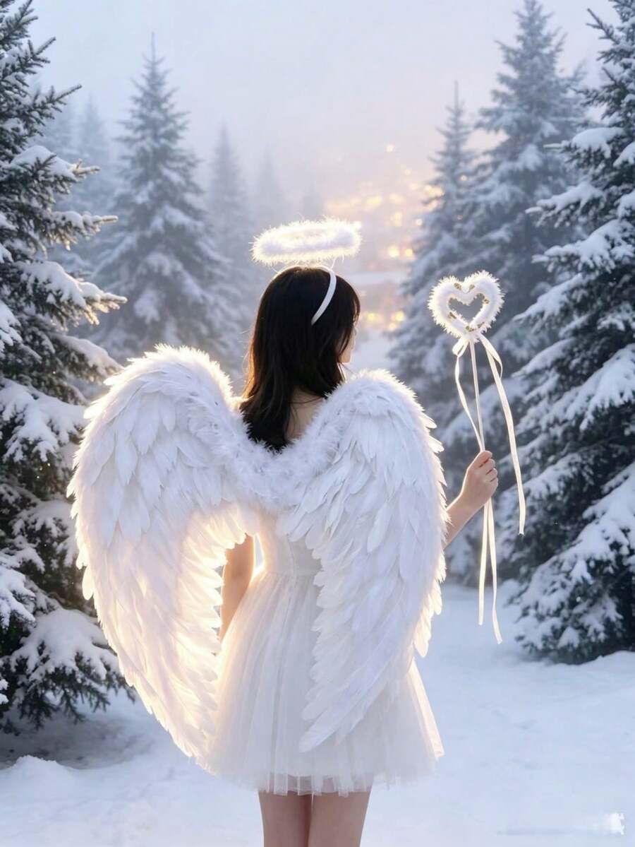 3pcs Christmas Angel Feather Wings Headband And Fairy Wand Set, Winter Gift Party Photography Atmosphere Cosplay Costume Props, Halloween Women's Cosplay Performance Props