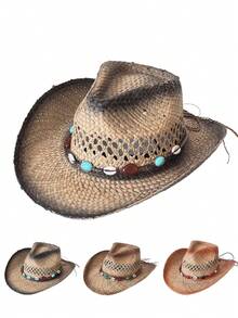 1pc Unisex Leather Belt Metal Decor Gradient Print Western Cowboy Straw Hat, All-Season Fashion Versatile Sun Protection Outdoor Beach Hat, Style - Gem - View 13