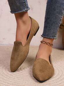 1 Pair Women Khaki Pointed Toe Slip‑On Loafers Fashion Flat Shoes - Khaki - View 3