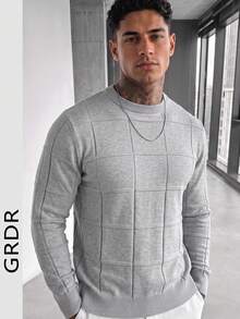 GRDR Men's Minimalist Solid Color Textured 3D Grid Jacquard Crew Neck Long Sleeve Knit Pullover Sweater - Grey - View 2