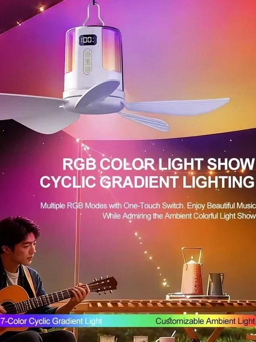 1pc Mini Rechargeable Ceiling Hanging Fan,4 Wind Speed Adjustable Tent Fan With Warm White RGB Lighting,Quiet Camping Fan For Tent, Dorm, Travel - 1 - View 1