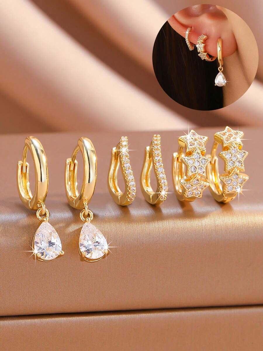 6pcs/Set Zirconia Stud Earrings Set, Polished Teardrop + Five-Pointed Star + Twisted Earring Decor, Shiny Glossy Versatile Women's Earrings, JENNIE Style Earrings, Fashion Women's Daily, Work, Shopping Essential - Gold - View 1