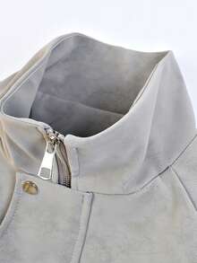 New Chinese Style Retro Casual Stand Collar PU Jacket With Asymmetrical Metal Buckle, Niche High-End Matte Faux Deerskin, Unisex Spring/Autumn - Grey - View 4