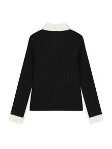 Sweater Rajut 2-in-1 Wanita, Lapisan Dalam Musim Dingin, Atasan Lengan Panjang Pendek Pas Badan - Hitam - View 4