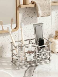 1pc Stainless Steel Toothbrush Holder, Multi-Compartment Bathroom Storage Box, Suitable For Toothbrushes, Electric Toothbrushes And Skincare Products, Rust-Proof Durable Countertop Organizer - Multicolor - View 1