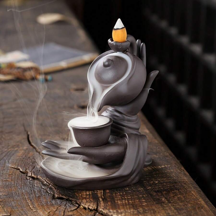 1pc Black Ceramic Incense Burner (Without Incense), Backflow Waterfall Smoke Design, Home Decor, Yoga Accessory, Indoor Aromatherapy Sandalwood Ornament - Multicolor - View 1