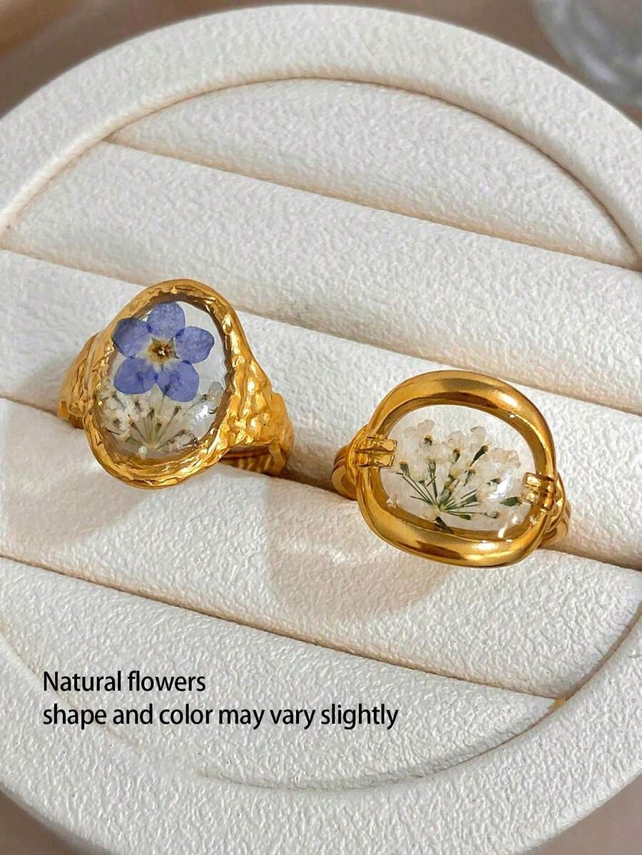 波希米亞風橢圓形白藍色乾花戒指,優雅金色女款珠寶套組,適合日常、派對、情人節/聖誕節/萬聖節/度假/校園 - 彩色 - 查看 1