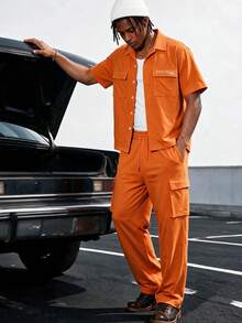 Men's Casual Commuting Outdoor Leisure Running Short Sleeve Utility Shirt And Pants Set - Orange - View 3