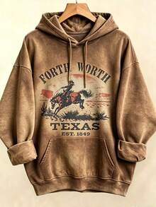 Women's Western Style Fort WorthTexasEST1849CowboyPatternHoodieSoftCrewNeckPulloverWith Cactus And Longhorn DesignComfortableCasualLongSleeve Sweater - 咖啡色4 - 查看 1