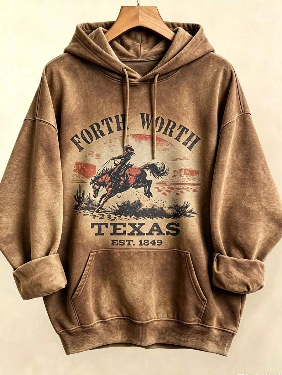 Women's Western Style Fort WorthTexasEST1849CowboyPatternHoodieSoftCrewNeckPulloverWith Cactus And Longhorn DesignComfortableCasualLongSleeve Sweater - 咖啡色4 - 查看 1