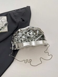 紋理貝殼手拿包 液態金屬半月形晚宴包 細鏈條斜跨迷你禮服包 - 銀色 - 查看 8