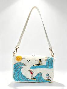 Tidet Ever Women's Summer Beach Handmade Beaded Shoulder Handbag, White Surf Wave Pattern, Crossbody Bag, Bohemian Style, Fashion Casual Daily Wear - Blue and White - View 6