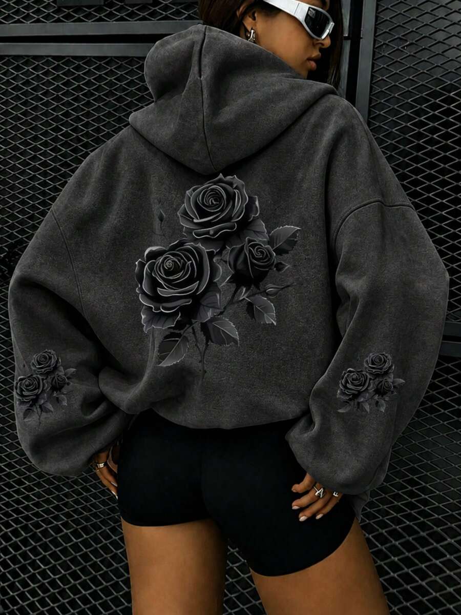 Women's Plus Size Washed Vintage Distressed Black Floral Rose Print Drawstring Sweatshirt, Long Sleeve Regular Fit, Comfortable Choice For Autumn/Winter, European And American Fashion Plus Size Sweatshirt, Essential For Autumn/Winter, Street Style - Black - View 1