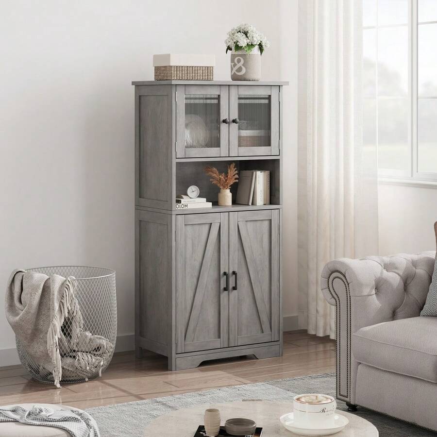 Armario recibidor alto independiente de madera con puertas de transparente y estantes ajustables, mueble despensa para cocina/baño/salón, estilo rústico moderno, 60x30x128 cm - Gris - Ver 1