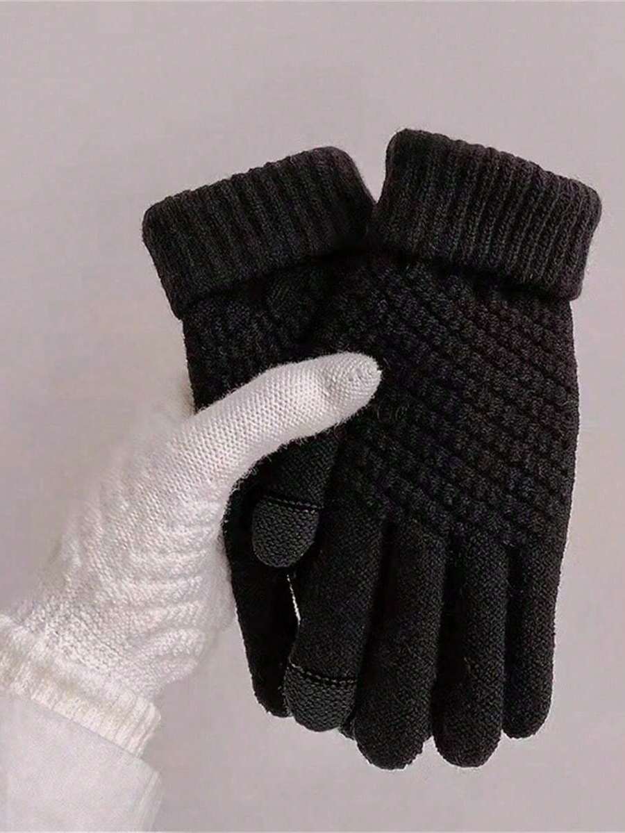 1 Pair Winter Warm Knitted Touchscreen Gloves, Unisex, Warm Ribbed Cuff Messaging Gloves, Soft Full Finger Gloves, Suitable For Cold Weather - Multicolor - View 1